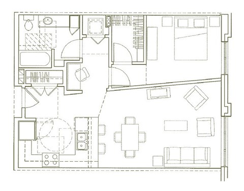 Floor plan for 1 bed, 1 bath, 774 sqft
